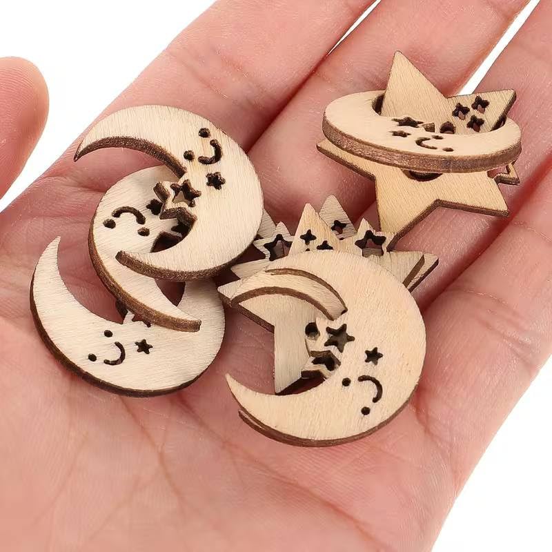 Pack of 30 Wooden Stars & Moon Craft Pieces | Pine MDF Artificial Celestial Cutouts for Wedding, Party & Home Decoration | Eid Decoration Ornaments | 1.5 Inch (15 Pieces Each)