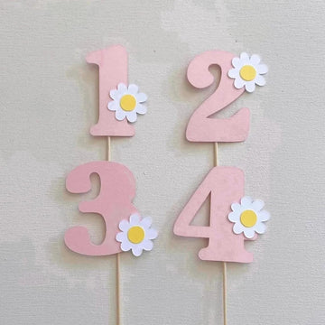 Pack of 4 Daisy Number Cake Toppers for 1st Birthday | Pink Pastel Flower Cupcake Topper Paper 2.3 Inch Number | Floral Age Cake Decoration | Paper Topper for Baby Party