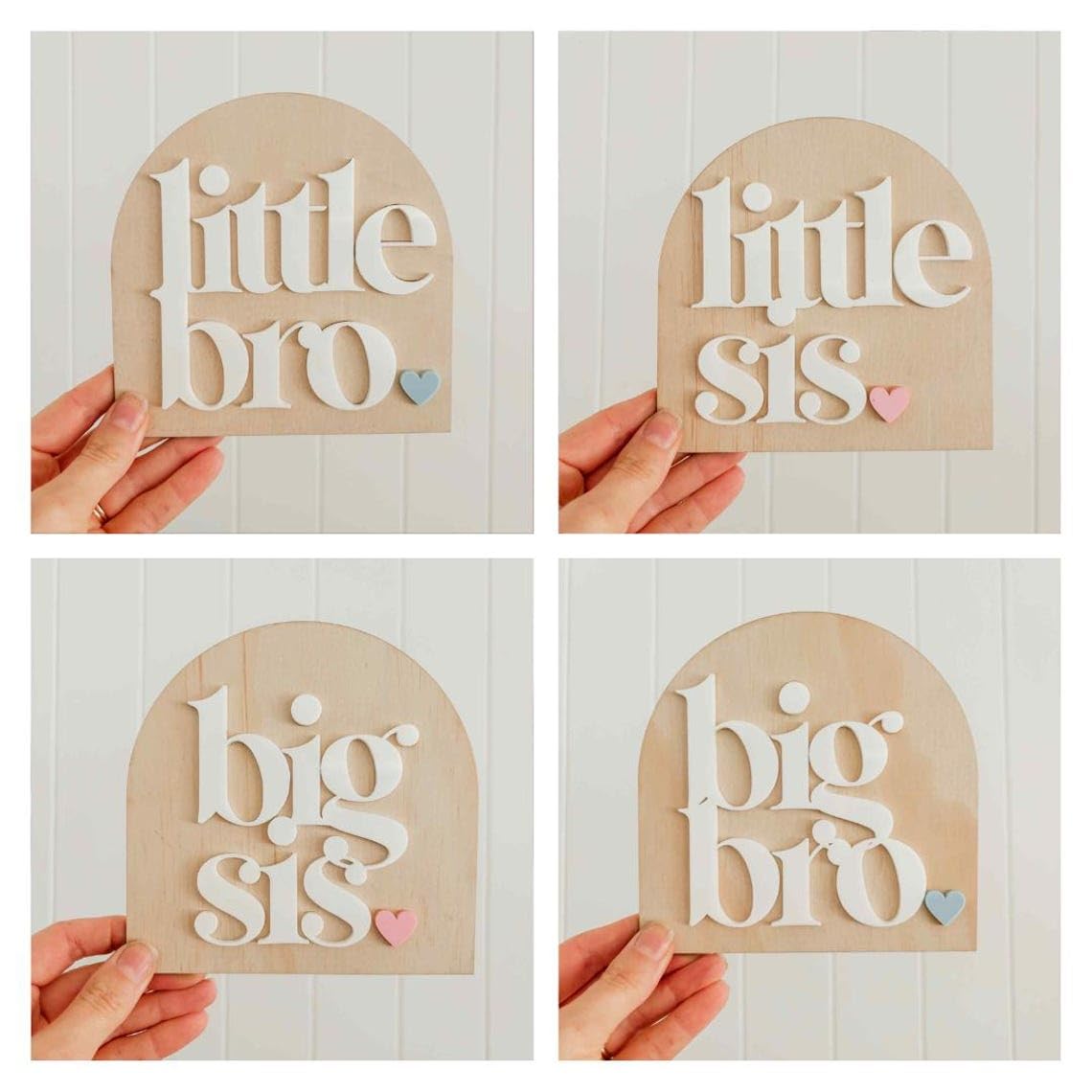 Pack of 4 Big/Little Brother & Sister Plaques – Wooden Baby Announcement Keepsake Signs, Bro Sis Pregnancy Reveal Plaques for Sibling Photo Props & Nursery Decor, 4 Inch