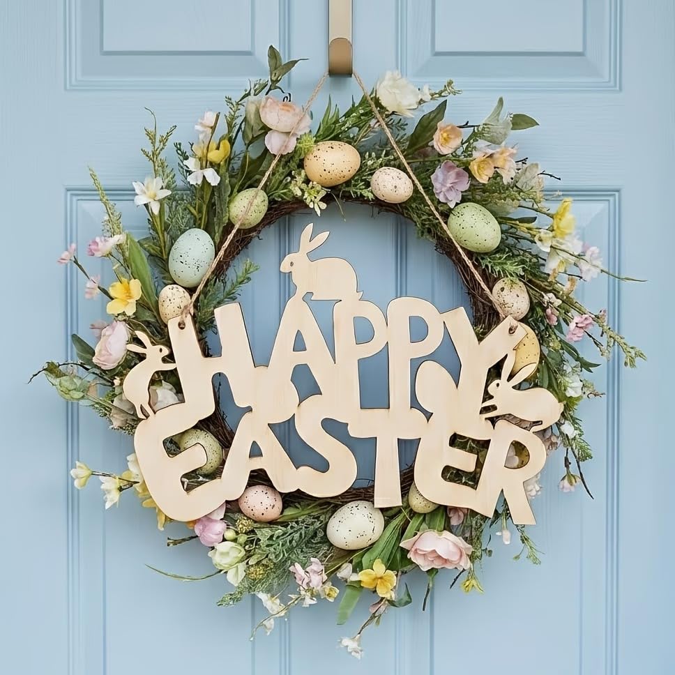 Wooden Easter Bunny Egg Hanging Decoration – Spring Door Ornament with Rabbit & Egg Design