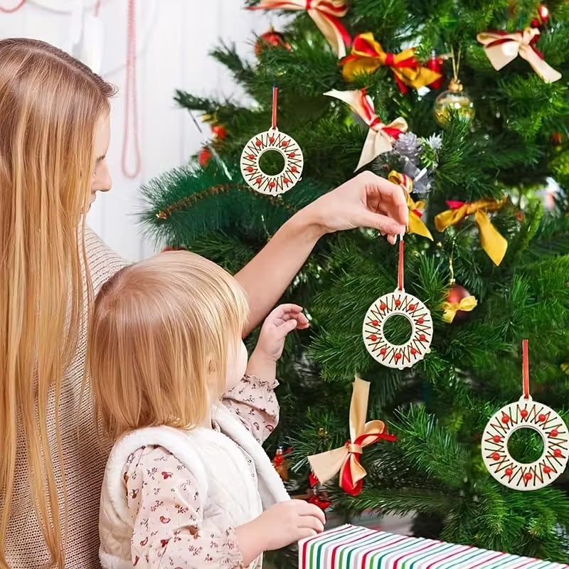 10 Pcs Christmas Wooden Wreath Ornaments Craft Kit – 4 Inch Pine MDF Cutouts for Kids DIY Sewing Crafts
