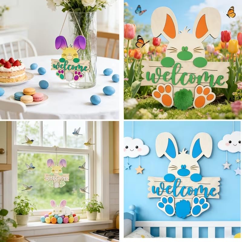 Easter Bunny Welcome Sign DIY Wooden Craft Kit – 8x6.8 Inch Unfinished Wood Painting Decor