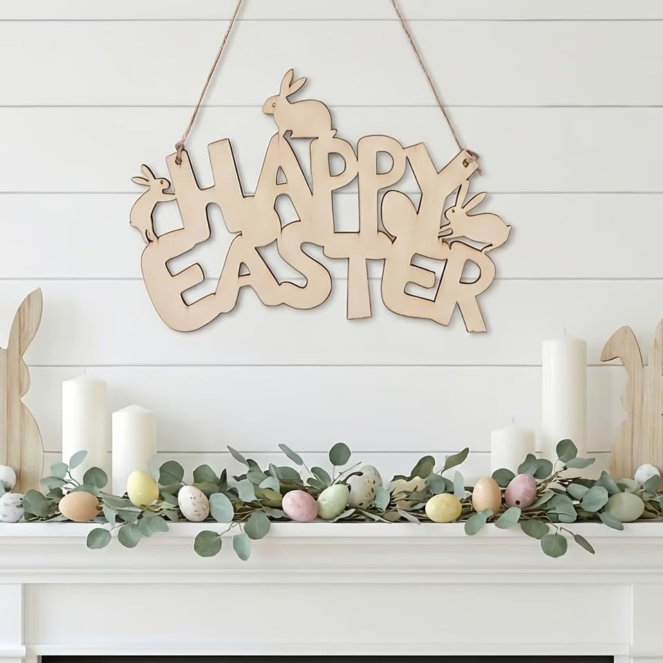 Wooden Easter Bunny Egg Hanging Decoration – Spring Door Ornament with Rabbit & Egg Design