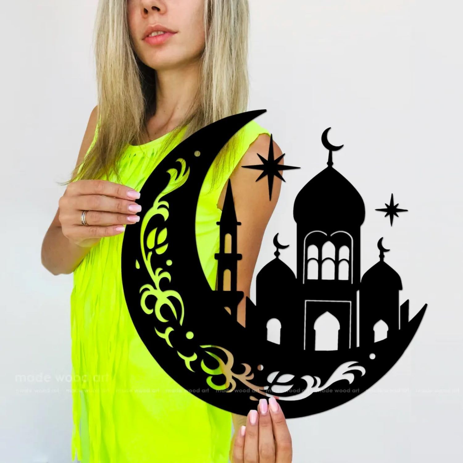 Islamic Wall Art Wooden Crescent Moon Mosque Design | Ramadan Eid Mubarak Home Decor