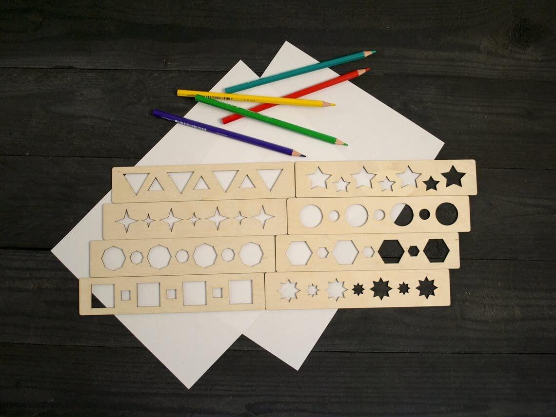 Haoser Wooden Stencils Set, Eco Stencils Set, Montessori Stencils, Geometric Stencil Set, Educational Game, Learning Toys How Write for Kids 8 pc - Haoser