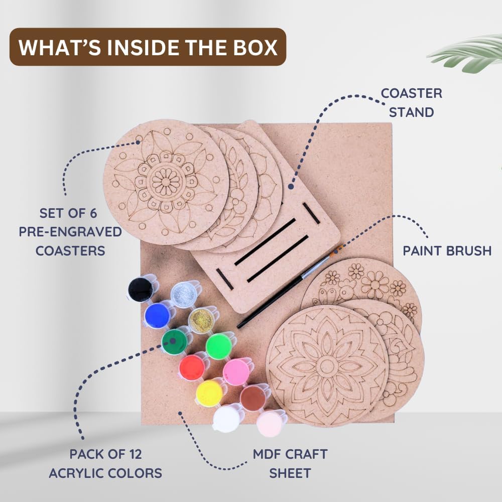 Set of 6 DIY Mandala Art Coaster Painting Kit | Pre-Marked Wooden Coasters