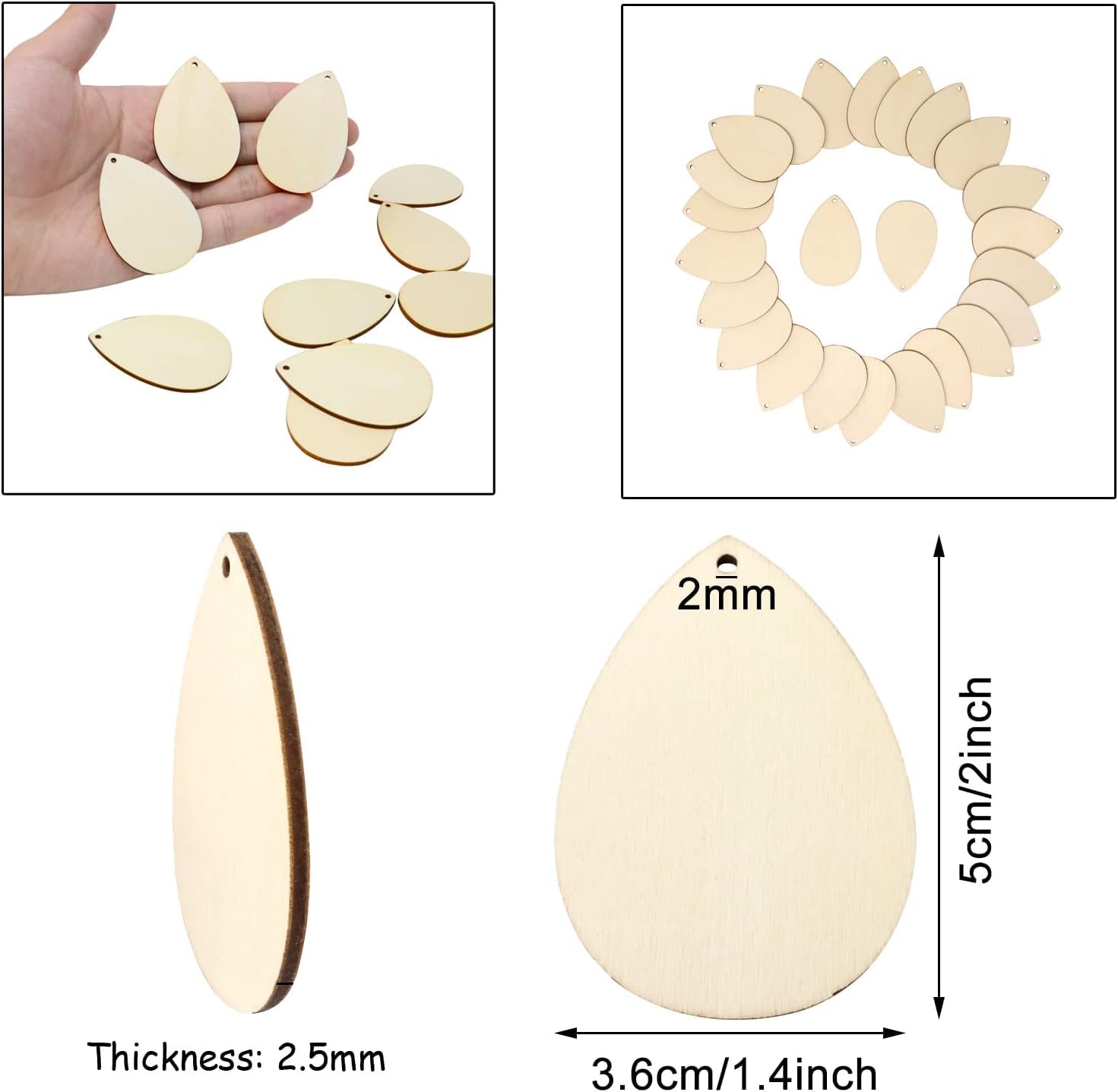 100 PCS Wooden Teardrop Earring Pendants – Unfinished Wood Hanging Ornaments