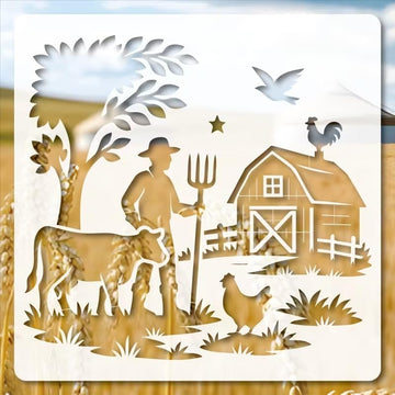 Rustic Farm Life Wall Painting Stencil 11.8 Inch | Reusable Craft Stencil | Farmer Cow Barn Template for Wall Art