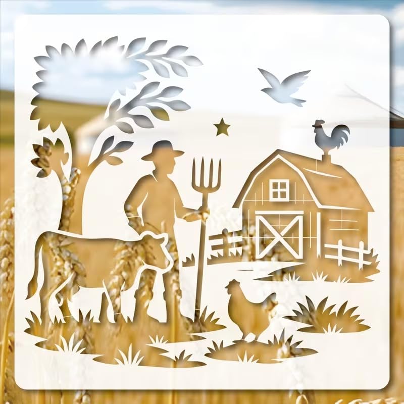 Rustic Farm Life Wall Painting Stencil 11.8 Inch | Reusable Craft Stencil | Farmer Cow Barn Template for Wall Art