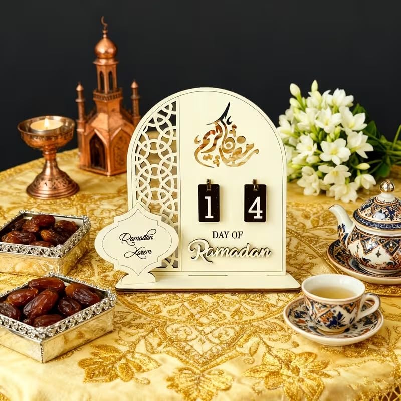 Wooden Ramadan Countdown Calendar Set | Ramadan Kareem Flip Numbers Tabletop Decor