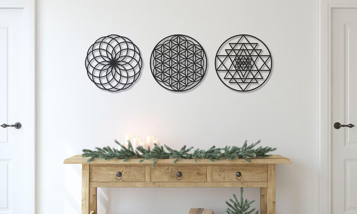 3 Pcs Sacred Geometry Wall Decor - 12 Inch Metal Wall Art Set | Flower of Life