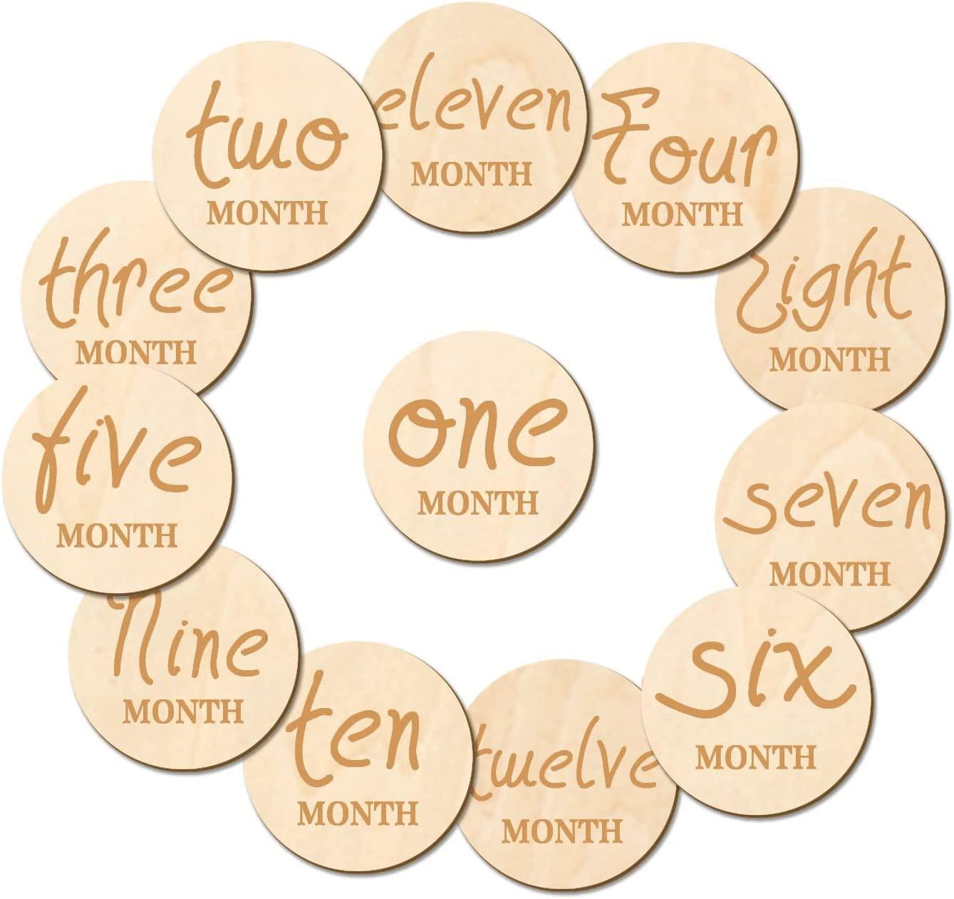 Haoser 12 PCS Wooden Baby Monthly Milestone - Milestone Photo Cards, 1-12 Months Wood Milestone Disc Set, Birth Announcement Sign for First Year Picture Props, 4 inch Diameter - Haoser