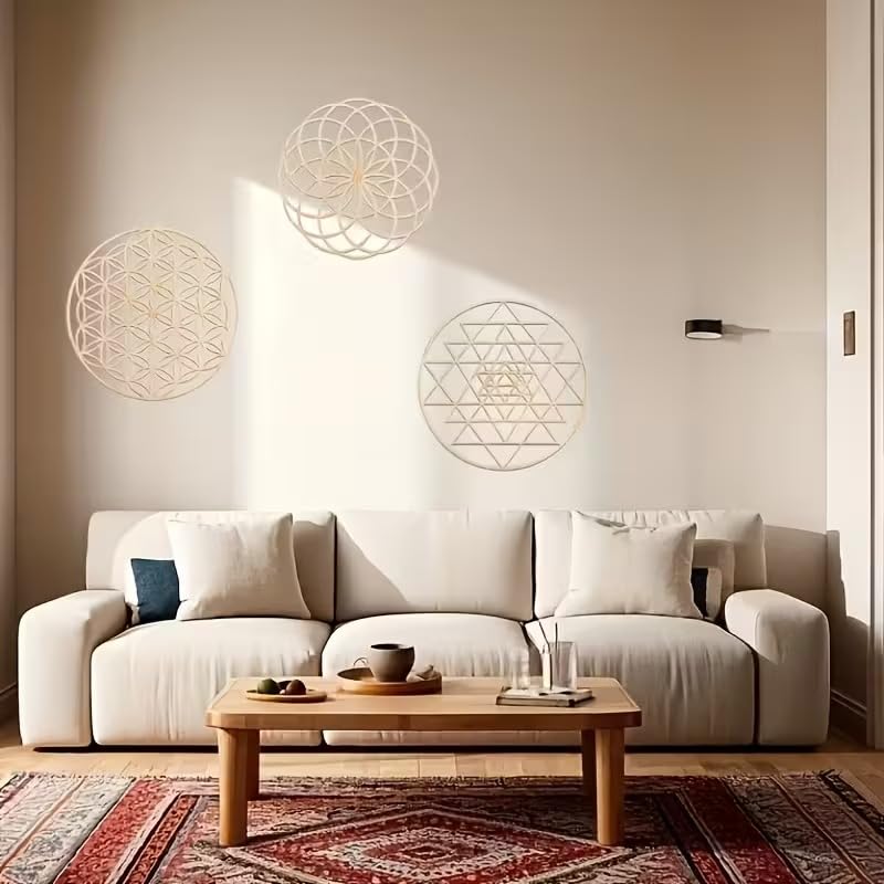 3 Pcs Boho Geometric Wooden Wall Decor | Life Flower, Metatron Cube & Sri Yantra