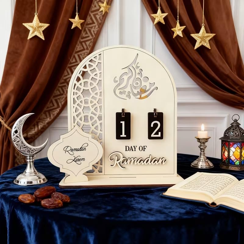 Wooden Ramadan Countdown Calendar Set | Ramadan Kareem Flip Numbers Tabletop Decor