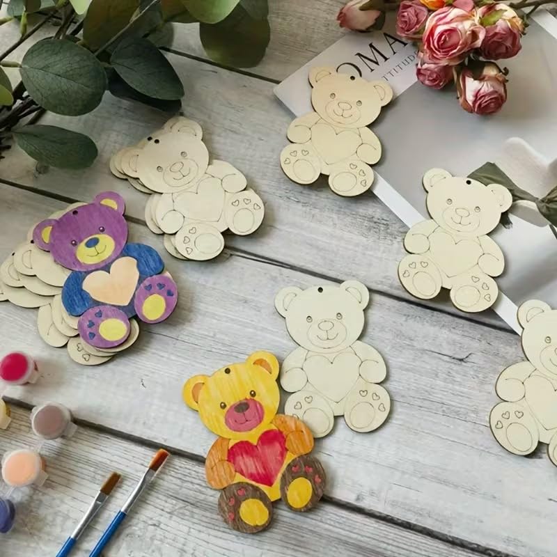 12 Pcs Light Yellow Wooden Heart-Shaped Bear Cutouts