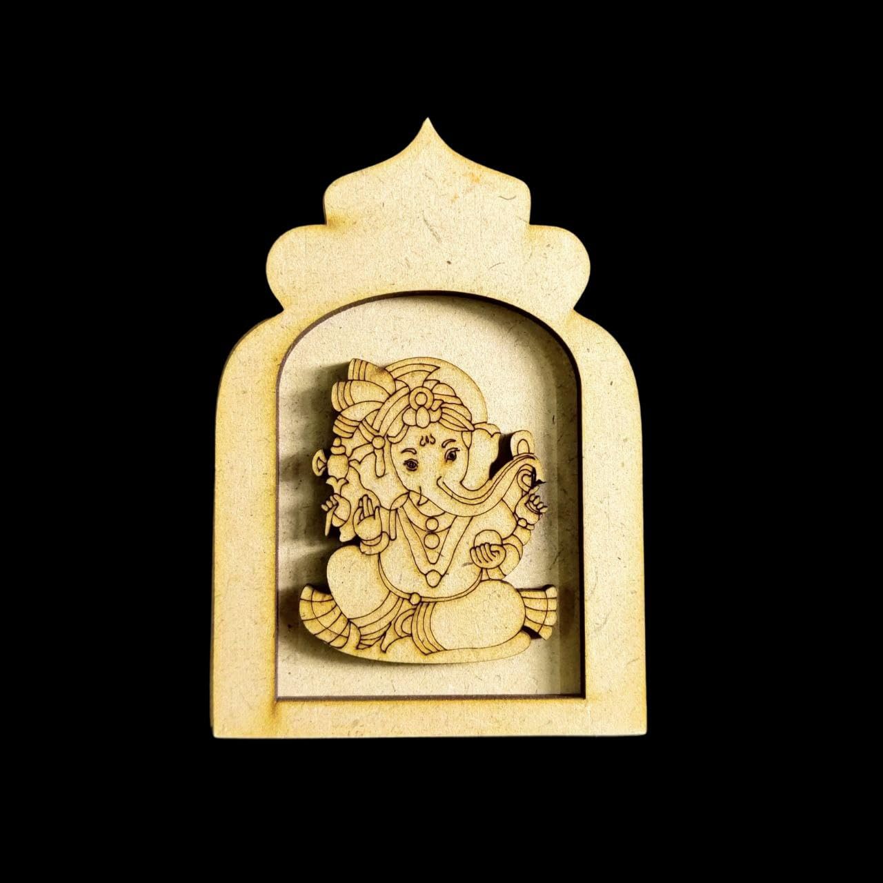 Pack of 2 Pine MDF Ganesha Jharokha Wall Hanging with Embellishments | Wooden Temple Backdrop for Home & Festive Décor | Size 12x7 Inch