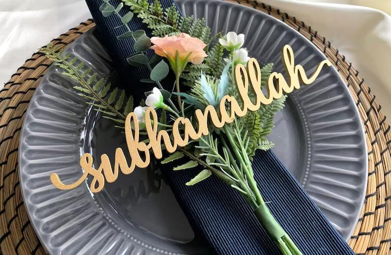 Haoser Wood Cutout Table Place Card Gather Wood Word Table Decorations, Blessings Place Cards Elegant Islamic Event Decor for Weddings, Parties, and Special Occasions - Haoser