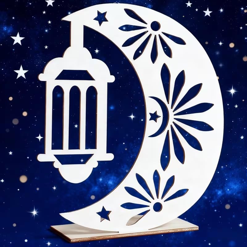 Ramadan Islamic Crescent Moon & Star Tabletop Decor | Wooden Lantern Style Ramadan Mubarak Sign