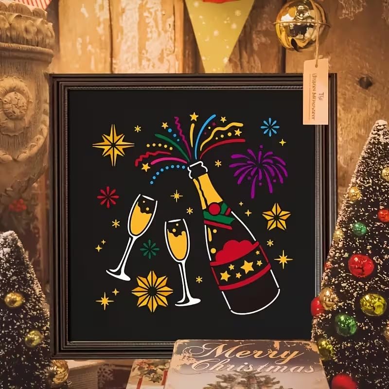 Champagne & Wine Theme Stencil Template – 12-Inch Plastic Stencils Champagne, Glasses, Fireworks & Stars for Wall, Fabric, Furniture Painting, Wedding Party & New Year
