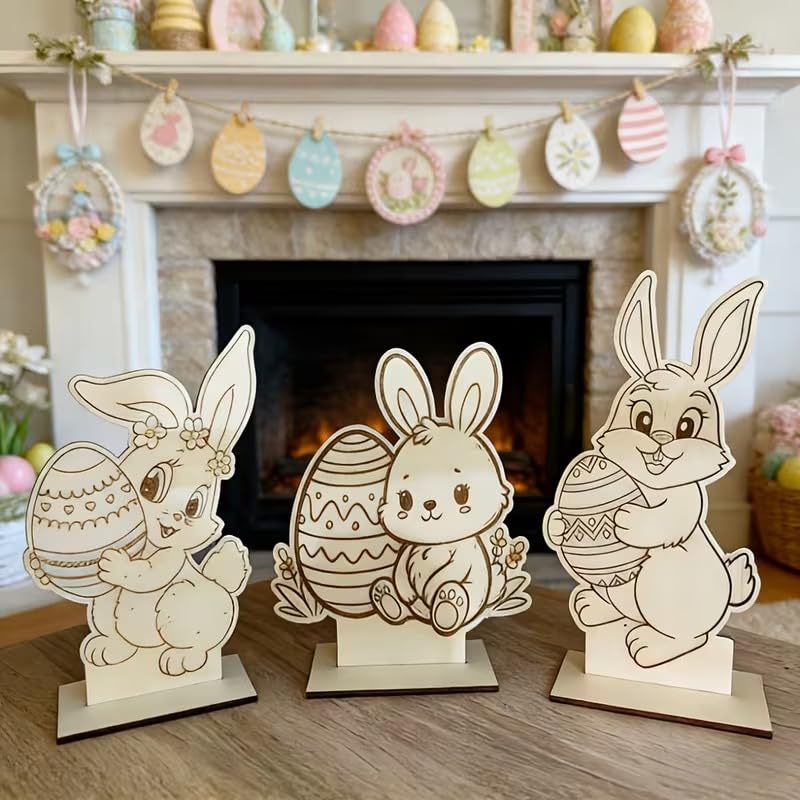 3 Pcs DIY Easter Craft Kit – Paint Your Own Rabbit & Egg Wooden Tabletop Signs