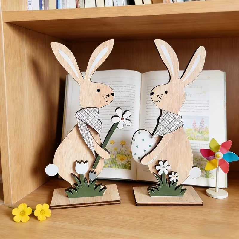 2 Pcs Easter Wooden Rabbit Plaque Decoration – Bunny & Egg Spring Table Decor