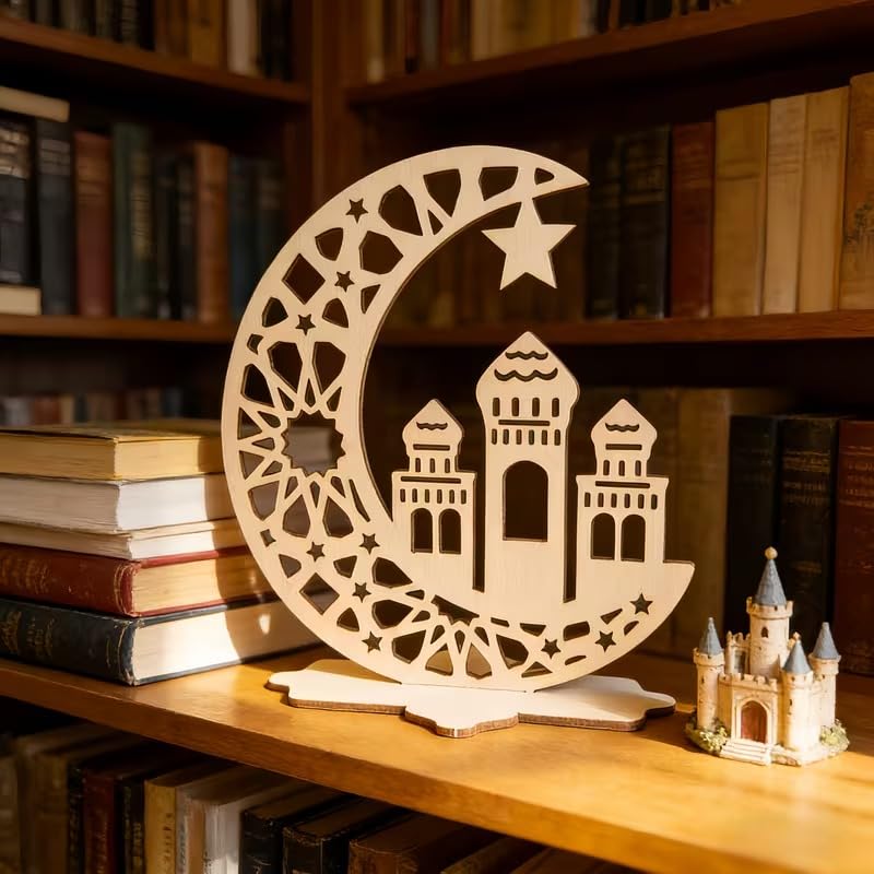 Wooden Tabletop Decor | Ramadan Eid Religious Ornaments with Mosque, Quran & Prayer Motifs | Muslim Home Holiday Decoration