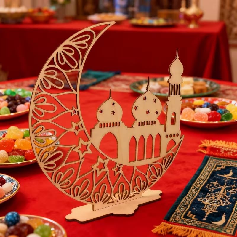 Ramadan Moon Wooden Ornament | Islamic Star & Moon Desktop Decor | Eid Mubarak Home Decoration