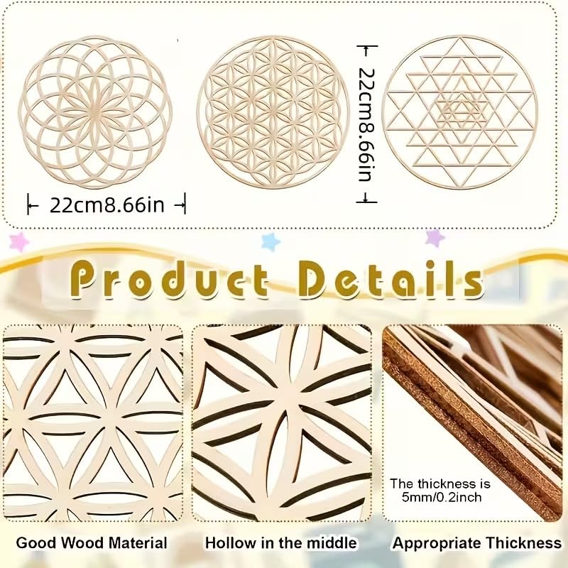 3 Pcs Boho Geometric Wooden Wall Decor | Life Flower, Metatron Cube & Sri Yantra