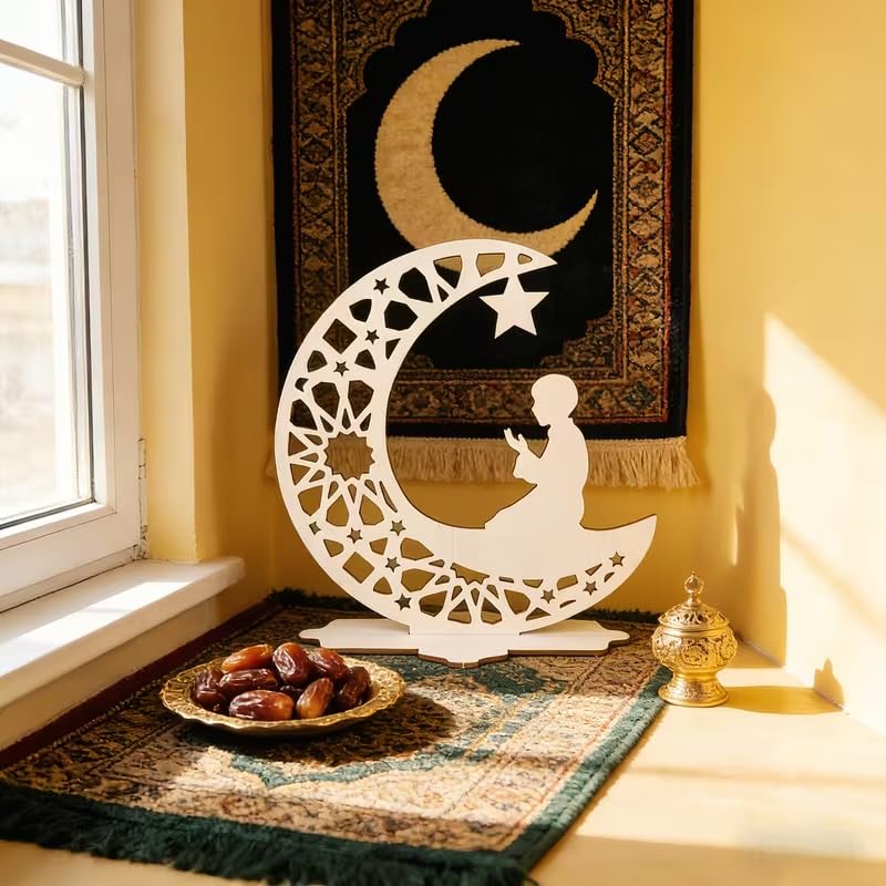 Wooden Tabletop Decor | Ramadan Eid Religious Ornaments with Mosque, Quran & Prayer Motifs | Muslim Home Holiday Decoration