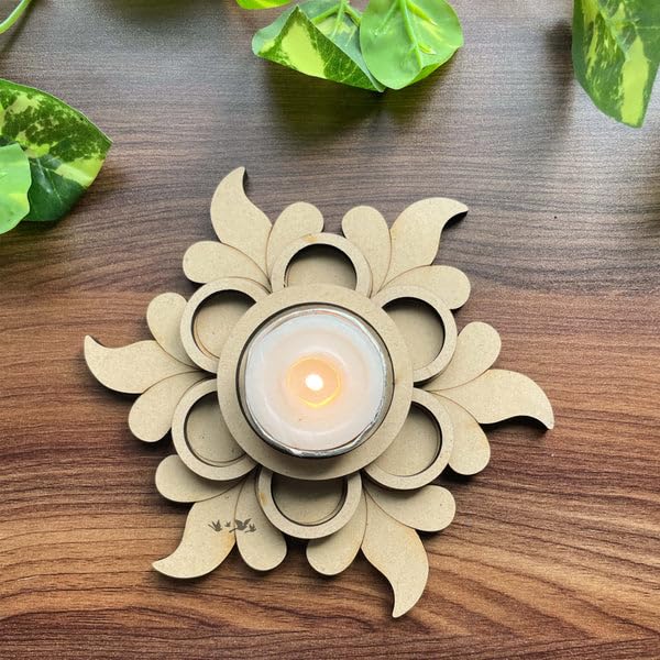 2 Pcs Wooden MDF Tea Light Holder 4x4 Inch – 3 Layered Nested Motif Design for Home Decor, Diwali Decoration