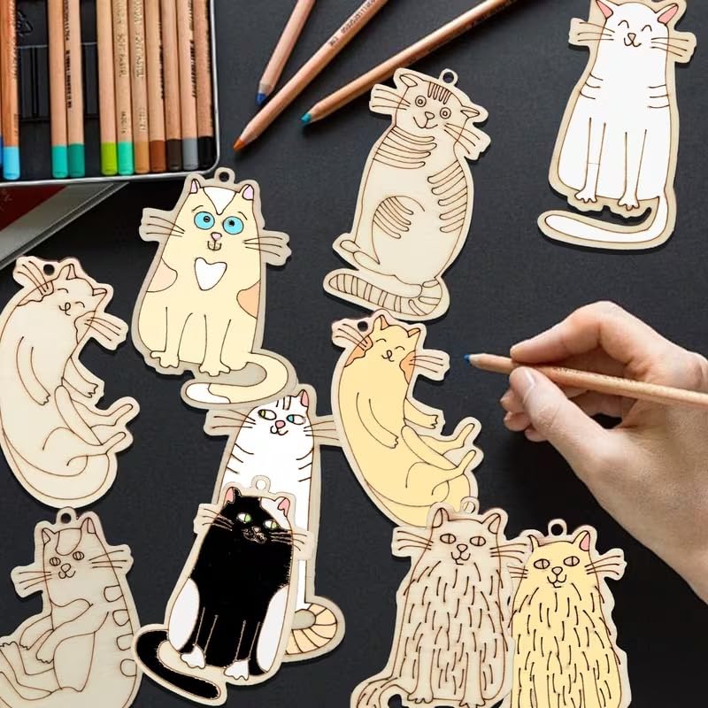 16 Pcs Wooden Cat Ornaments – Unfinished Pine MDF Hanging Shapes