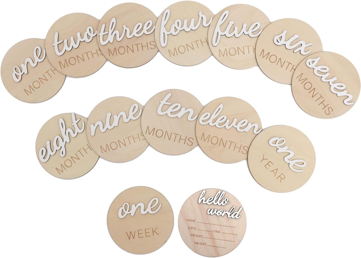 Haoser 3D Wooden Monthly Milestone Cards, Baby Monthly Milestone Marker Cards, Newborn Memento Milestone to Document Baby's Growth, Pregnancy Journey Sign -incl Announcement & Hello World Sign.13 pc - Haoser