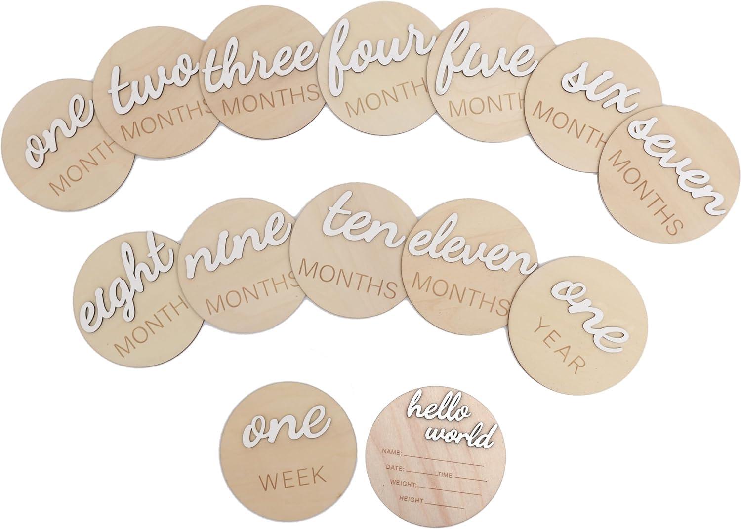 Haoser 3D Wooden Monthly Milestone Cards, Baby Monthly Milestone Marker Cards, Newborn Memento Milestone to Document Baby's Growth, Pregnancy Journey Sign -incl Announcement & Hello World Sign.13 pc - Haoser