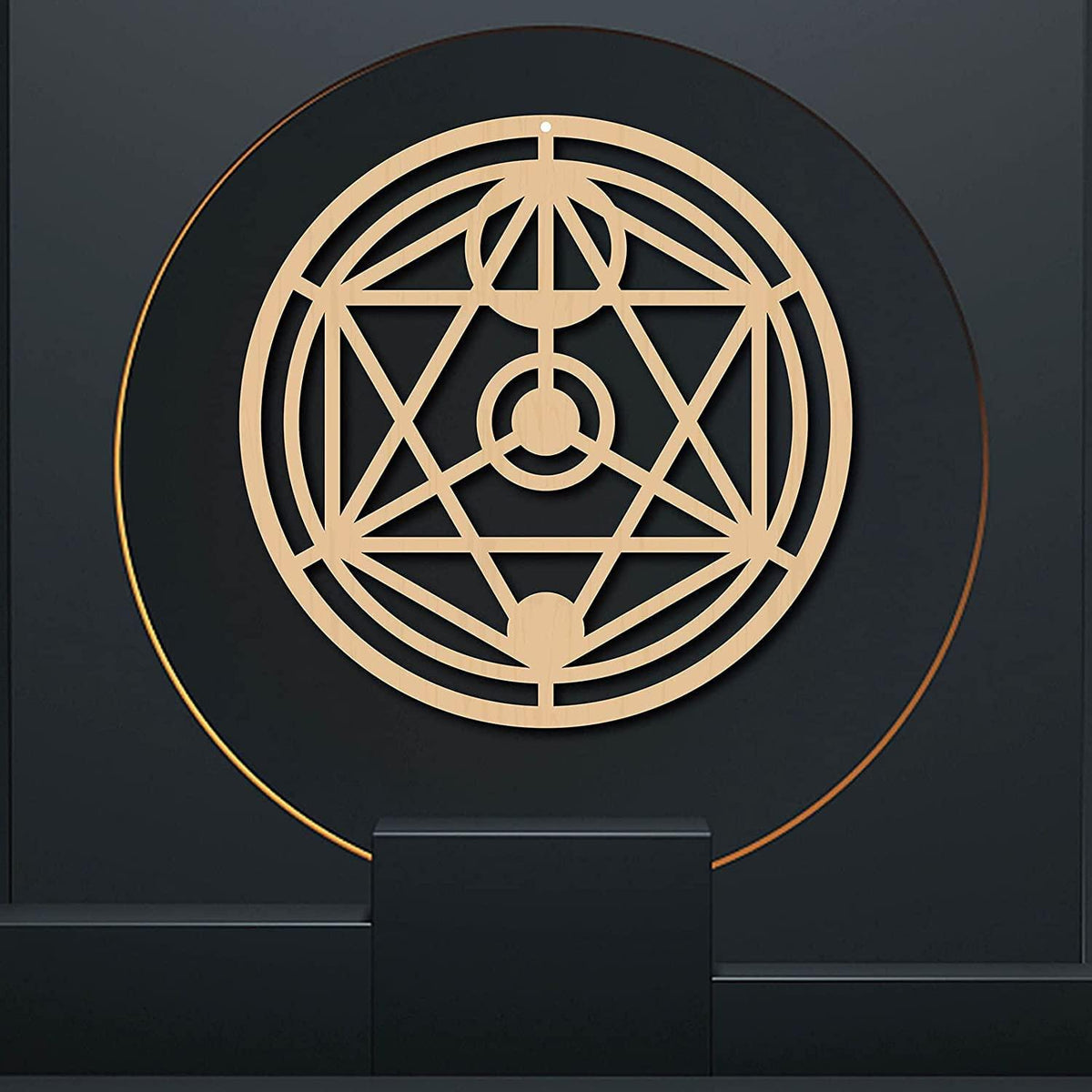 Haoser 30cm Oriental Star Wall Decor Wooden Wall Art Crystal Grid Sacred Geometry Laser Cut Sculpture Hanging Decor Spiritual Symbol Round for Housewarming Home Office Yoga Studio Decoration - Haoser