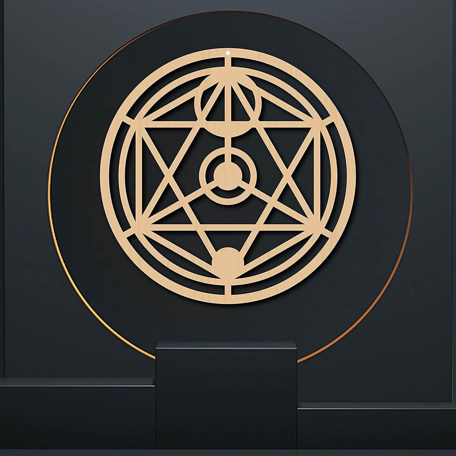 Haoser 30cm Oriental Star Wall Decor Wooden Wall Art Crystal Grid Sacred Geometry Laser Cut Sculpture Hanging Decor Spiritual Symbol Round for Housewarming Home Office Yoga Studio Decoration - Haoser