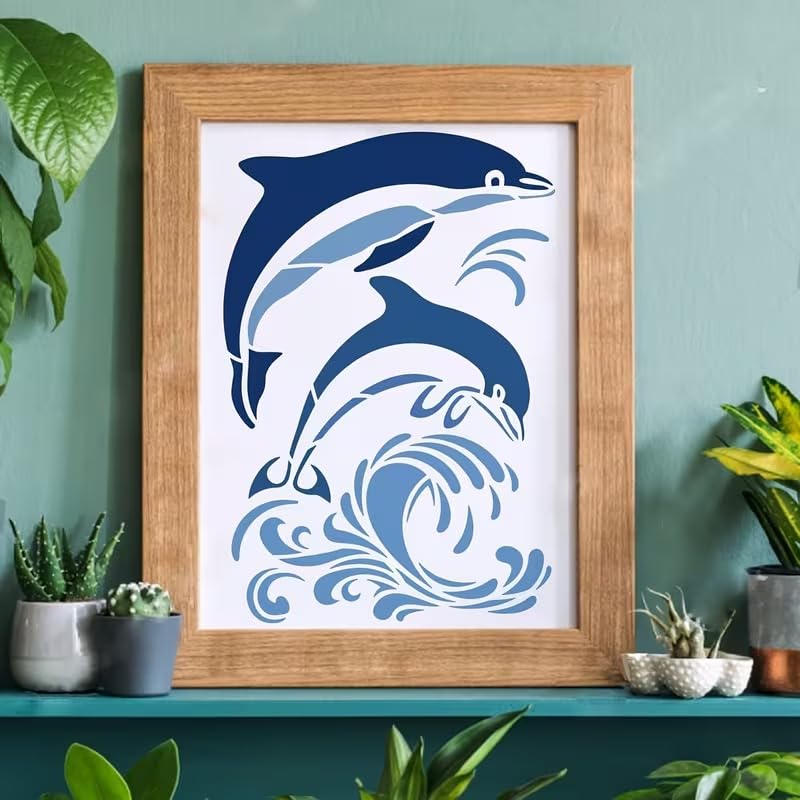 Dolphin Stencil Template | Ocean Theme Swimming Dolphin & Wave Design | DIY Craft Stencil for Wall, Floor, Tile, Fabric & Paper Painting - 29.72 x 21.08 cm