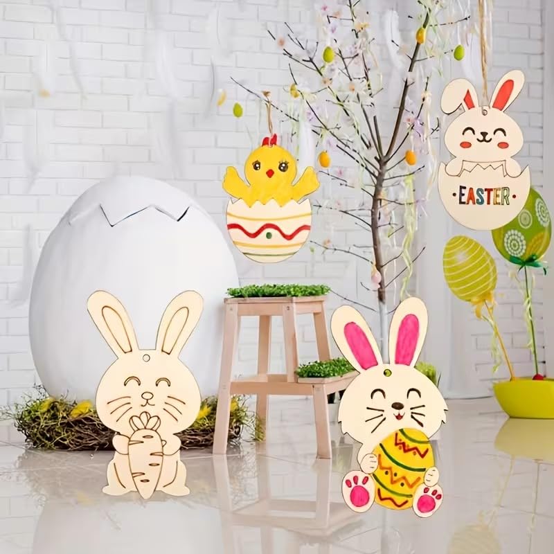 8 Pcs Wooden Easter Ornaments Set – Bunny, Chick & Egg Hanging Decorations