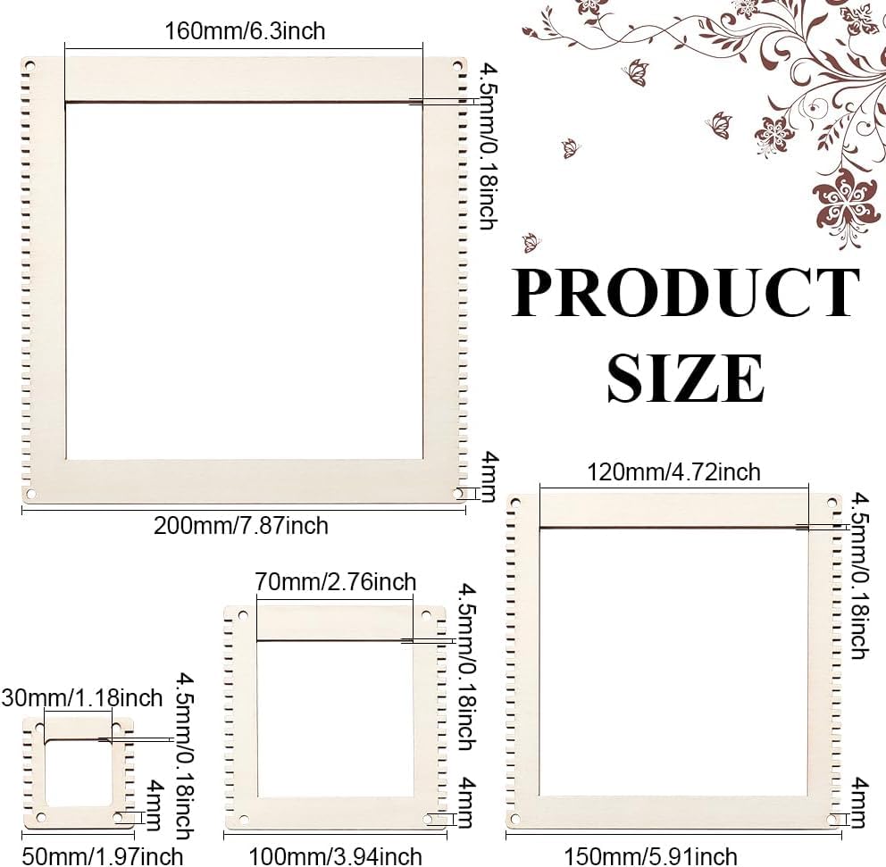 4 Pcs Wooden Weaving Loom Kit | 2/4/5.9/7.8 Inch Square DIY Weaving Loom for Tapestry, Wall Hanging, Knitting & Handmade Woven Crafts