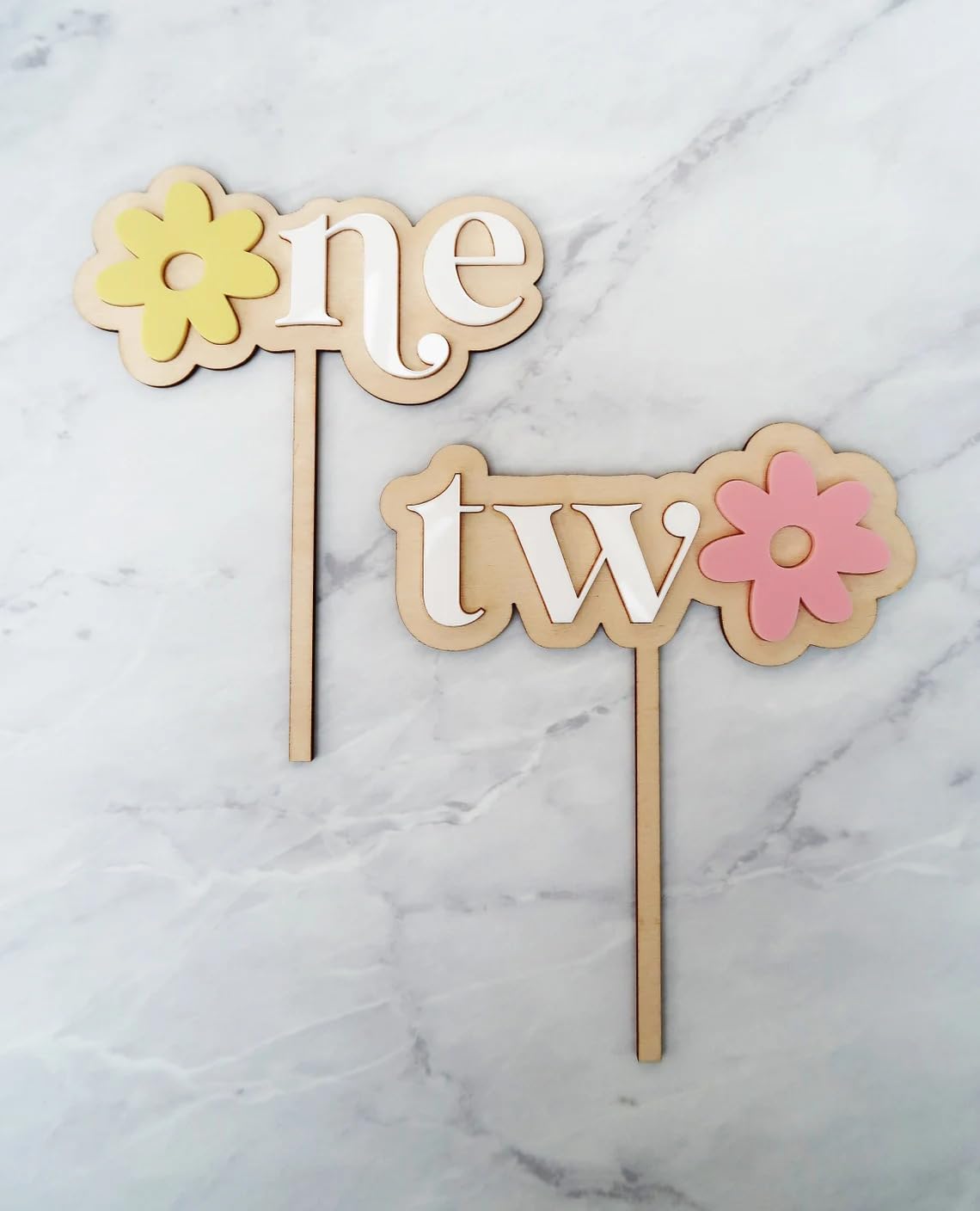 Pack of 2 Cake Toppers – 1st & 2nd Birthday Theme | First and Second Birthday Cake Decoration | 6 Inch Wooden Cake Topper | Floral Party Prop