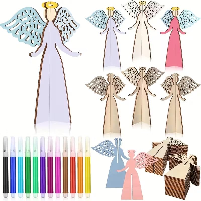 5 PCS Wooden 3D Angel Craft Set – DIY Paintable Christmas Figures with Intricate Wing Designs