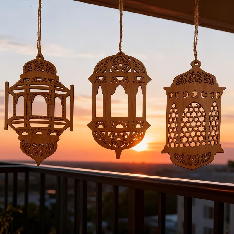 Ramadan Eid Al-Fitr Wooden Lantern Decor | Islamic Geometric Cut-Out Lanterns | Ramadan Mubarak & Eid Mubarak