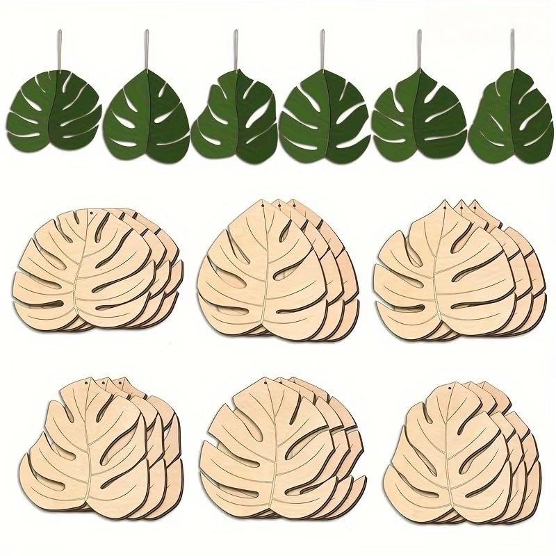 6 Pcs Palm Leaf MDF Wooden Hanging Cutouts with Rope | Tropical Leaf Craft Ornaments