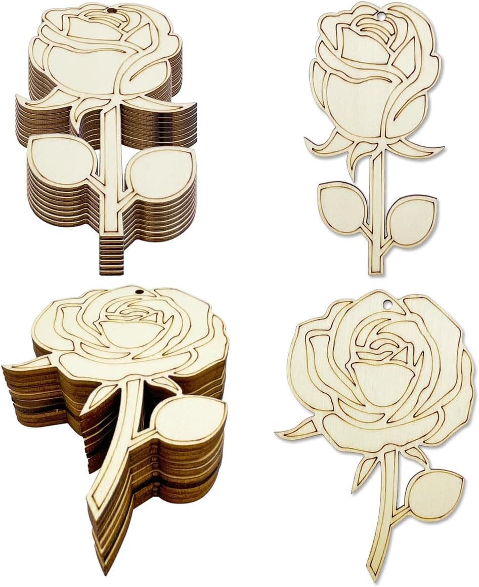 20 Pack Wooden Rose Cutouts for DIY Craft | 4 Inch Flower Shapes (2 Styles) | Unfinished Wood Rose Hanging
