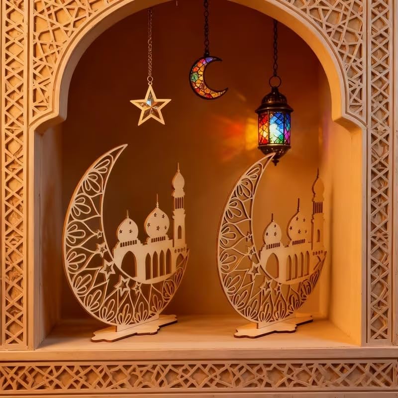 Ramadan Moon Wooden Ornament | Islamic Star & Moon Desktop Decor | Eid Mubarak Home Decoration