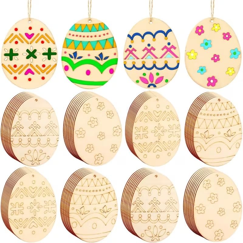 12 Pcs Wooden Easter Egg Ornaments with Hanging Loop | DIY Egg Cutouts for Easter Decoration