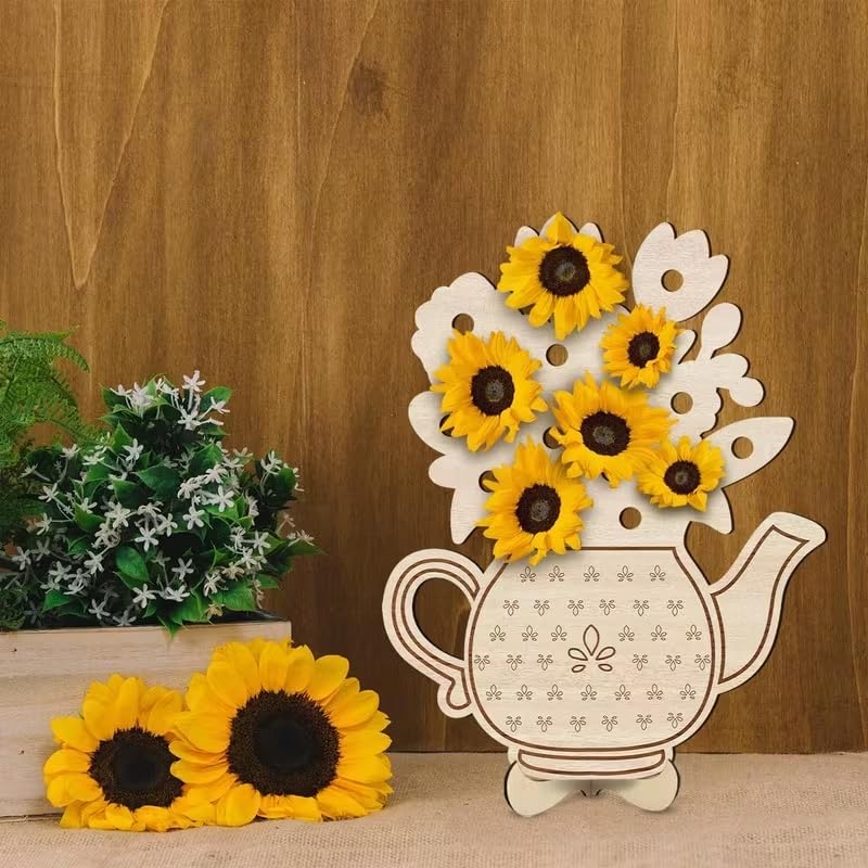 2D Flat Wooden Flower Stand with Teapot Design | DIY Craft Board & Floral Display Base | Decorative Wooden Plaque