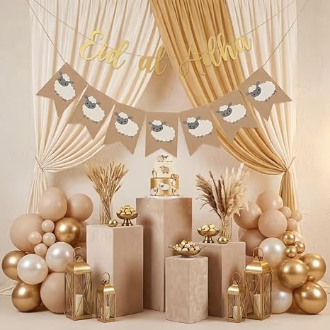 Eid Al Adha Banner Set, Golden Letter "Eid Al Adha" Banner with Cute Sheep Bunting, Rustic Kraft Paper Eid Al-Adha Party Decorations, Islamic Festival Eid Mubarak Home Wall Hanging Decor Supplies