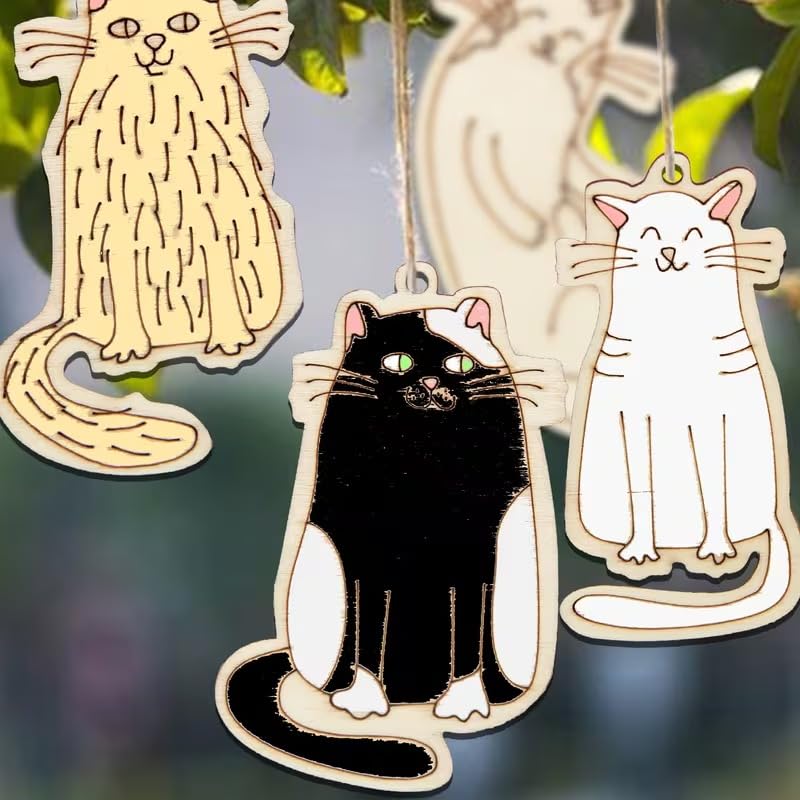 16 Pcs Wooden Cat Ornaments – Unfinished Pine MDF Hanging Shapes
