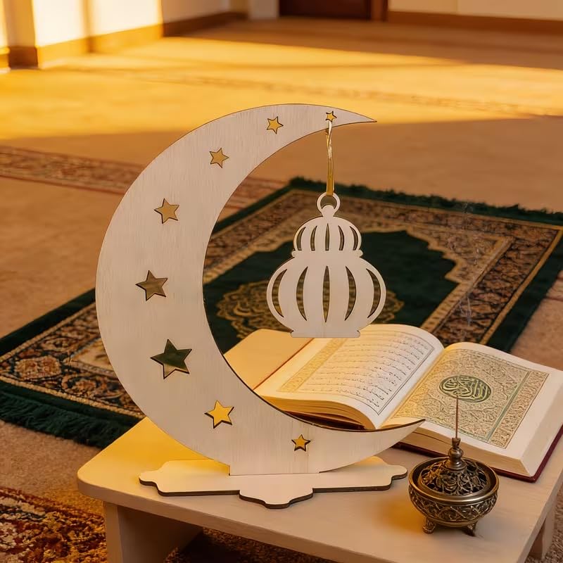 Wooden Moon & Star Tabletop Decor | Ramadan Eid Al-Fitr Islamic Ornaments with Lantern Hanging