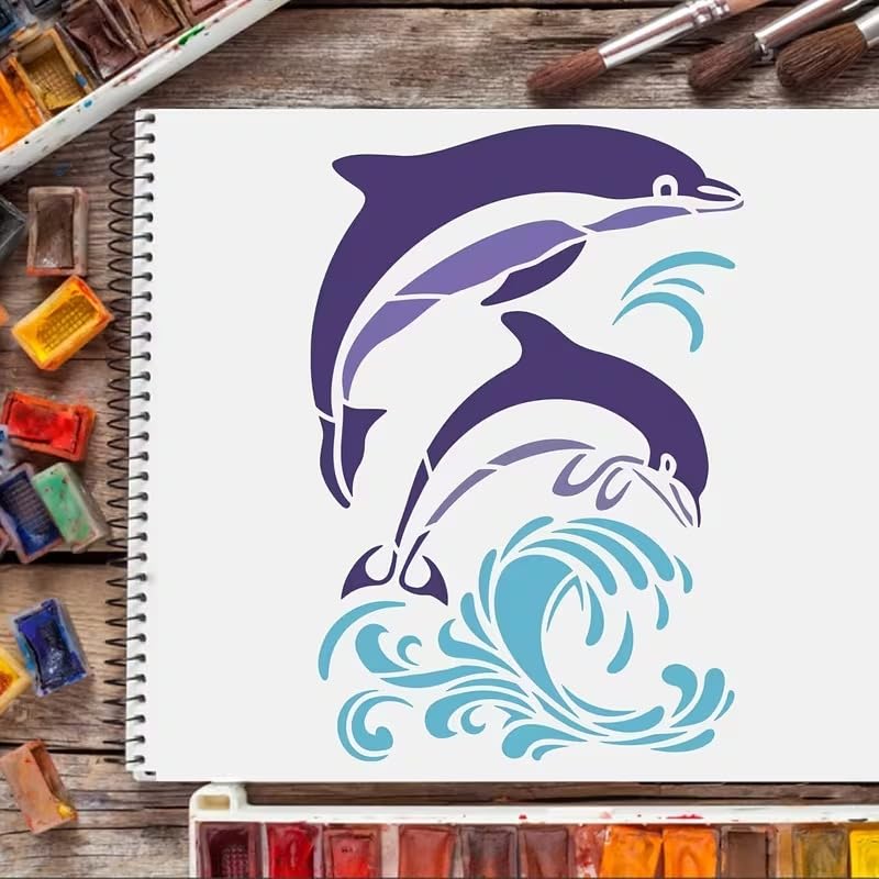 Dolphin Stencil Template | Ocean Theme Swimming Dolphin & Wave Design | DIY Craft Stencil for Wall, Floor, Tile, Fabric & Paper Painting - 29.72 x 21.08 cm